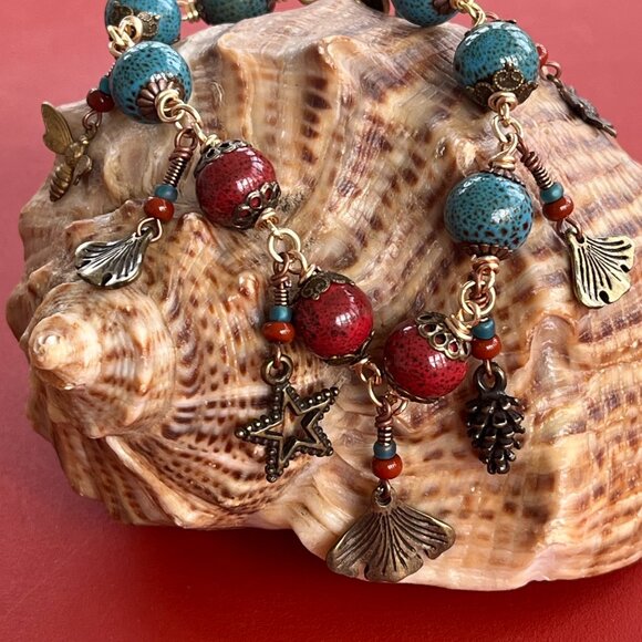 Boho Bracelet, Ceramic Beads, Nature Charms, Handmade Whimsical Jewelry - Picture 9 of 10